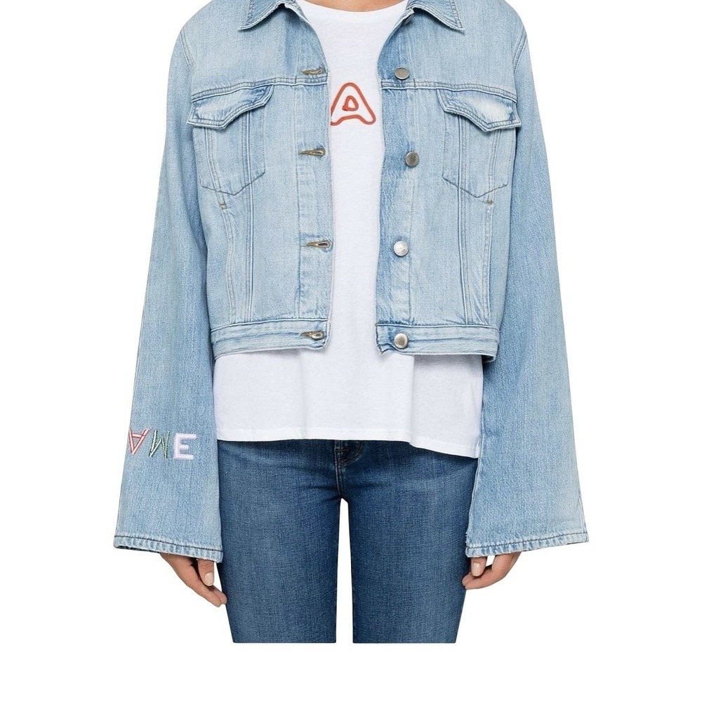 Frame Embroidered Cuffed Jean Jacket Denim Rydell Ave Logo Light Womens Sz Large - Picture 11 of 16